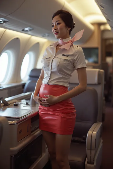 a 30 year old woman, fat arms, large belly, large thick muscular legs, wearing an airline uniform made of shiny latex, asian woman, on an aircraft, modern design, futuristic aircraft, first class cabin, private seats,