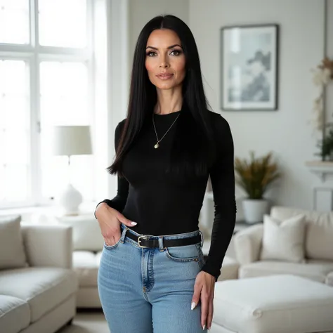 photorealistic, full body portrait, mature greek woman, mature beauty, slender feminine body, thin waist, feminine hips, slender legs, confident stance, self-possessed, narrow face, vivid expressive eyes, full fake cushion lips, prominent cheek bones, holl...