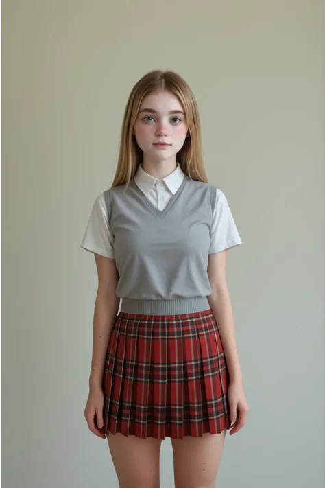 A (very cute young woman:1.5) standing in front of a grey background, studio photoshoot, in perfect lighting, frontal portrait, 3/4 shot, centered framing, neutral background, minimalism.
Long hair, (blonde hair:1.2), (straight hair:1.5), perfect hair, sh...