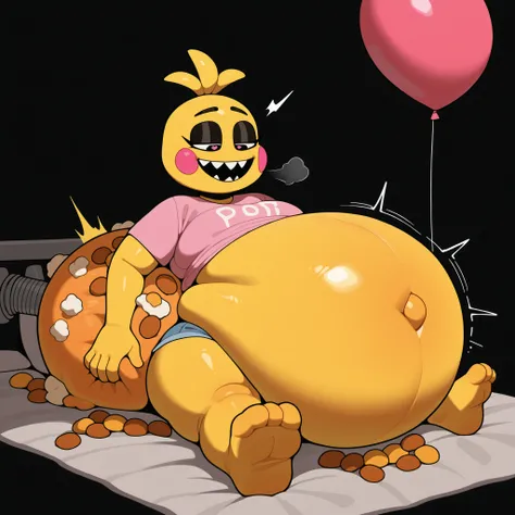TOY CHICA ( fnaf ) big huge bobbies, thighs, sexy smile, a dark room, front view,big belly inflation, vore, water belly inflation,belly full of food, air tank belly inflation, belly growth sprout, belly inflating out of control, belly inflating foward, chu...