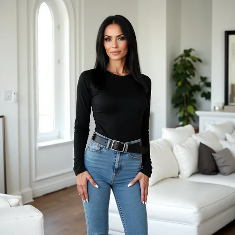 photorealistic full body portrait of mature Greek woman, slender feminine body, noticeably thin waist creating classic hourglass silhouette, feminine curved hips providing perfect contrast to waistline,slender legs, standing with confident stance and calcu...