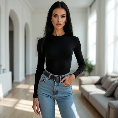 photorealistic full body portrait of mature Greek woman, slender feminine body, noticeably thin waist creating classic hourglass silhouette, feminine curved hips providing perfect contrast to waistline,slender legs, standing with confident stance and calcu...