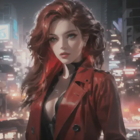 Close up of a woman in a red coat posing for a photo, realistic digital art 4 k, realistic digital art 4k, smooth digital painting, digital illustration style, digital art, digital art, digital painting style, Shattered City . Neo Black Style, captivating ...