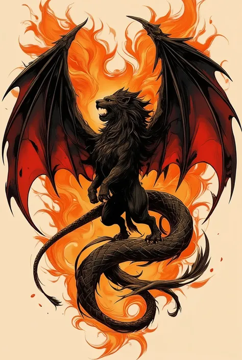 a stylized tattoo in black, orange and red, a black lion with a snake instead of a tail, flames instead of a mane and black and red large bat wings (similar to a manticore) mixed with the image of a homemade Tranquillizer Dart gun