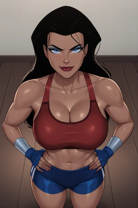 PonyXLV6_Scores BREAK ((parody), perfect anatomy, perfect eyes, cowboy shot), BREAK diana prince, long hair, black hair, blue eyes, scarlet red lipstick, dark-skinned female, ((looking at viewer)), seducing viewer, teasing viewer, cleavage, busty, red spor...