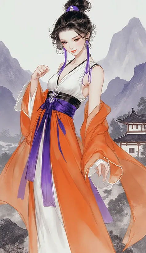 masterpiece, best quality, exquisite and mature anime illustration art, vibrant rich colors, dramatic camera angle. A playful and vivacious female warrior with medium-length black-purple hair and curly bangs stands confidently within an ancient architectur...