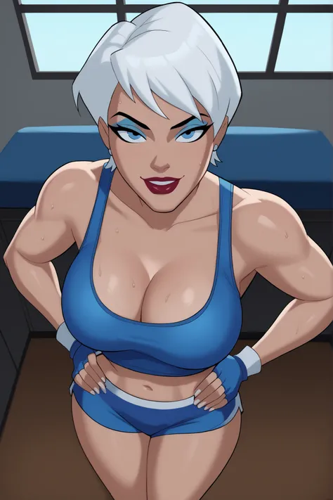 BREAK, score_9, score_8_up, score_7_up, score_6_up, masterpiece, high quality, perfect face, perfect eyes, JLUIce, solo, 1girl, white hair, short hair, blue eyes, lipstick, makeup, very large breasts, curvy, athletic, cleavage, smile, closed mouth, seducti...