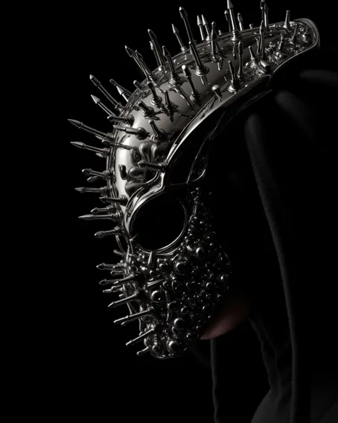 A Close-up of the, Jim Burns punk style, calabera Predator Russian model with her hidden face with a chrome mask predator, shows us her barbed heart with hundreds of steel thorns, design has chrome pieces inside. The background is black, minimalist, ensuri...