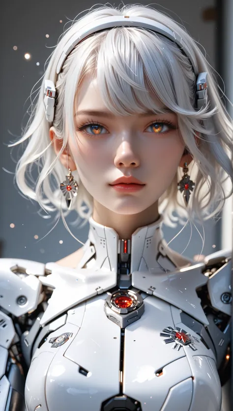 masterpiece,high quality,hyperrealistic, ultra-detailed eyes, Perfect beautiful face, white hair, ultra detailed,anime style, Surrealism, SPARKLE, cinematic lighting, a beautiful woman with a Gundam-style mechanical body, mechanical limbs, science-fiction ...