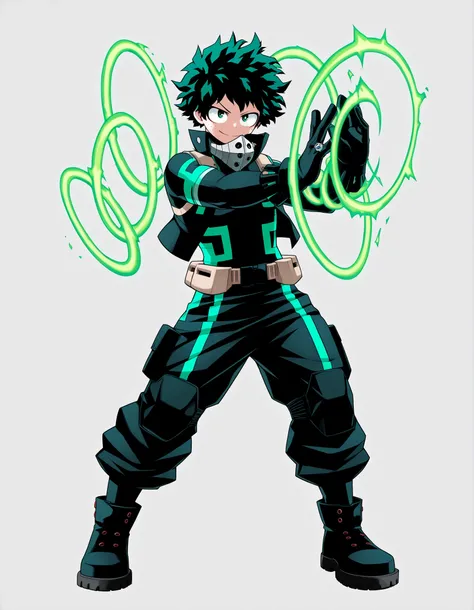 ((Highest Quality)), ((Simple Light Grey Background)), (My Hero Academia Style), standing, 1male, (Male), solo, slender body, athletic body, slim body, standing, Full Body, Super villain, super villain character, Izuku Midoriya, two-tone bodysuit, dark gre...