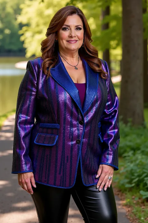 gbth70sjkt, a 44 year old woman weighing 220 pounds wears a bright purple and blue sequin formal blazer gbth70sjkt, the woman is standing on the side of a majestic forest walk path with a serene lake behind her, it is mid day, the sun reflects off of her j...