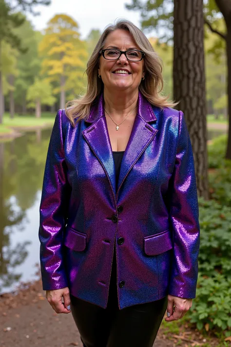gbth70sjkt, a 44 year old woman weighing 220 pounds wears a bright purple and blue sequin formal blazer gbth70sjkt, the woman is standing on the side of a majestic forest walk path with a serene lake behind her, it is mid day, the sun reflects off of her j...