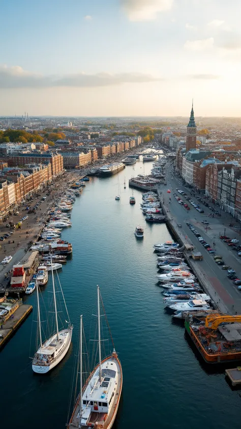 masterpiece、  Best quality images、images of Amsterdam's good season、Amsterdam harbor、overlooking the harbor and city、 large boat 、Beautiful Colored Ocean Scenery、Buildings and port facilities、Colorful Flowers、nature、charming city area、beautiful images of s...