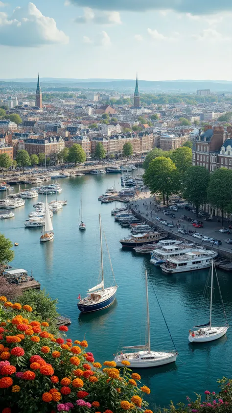 masterpiece、  Best quality images、images of Amsterdam's good season、Amsterdam harbor、overlooking the harbor and city、 large boat 、Beautiful Colored Ocean Scenery、Buildings and port facilities、Colorful Flowers、nature、charming city area、beautiful images of s...