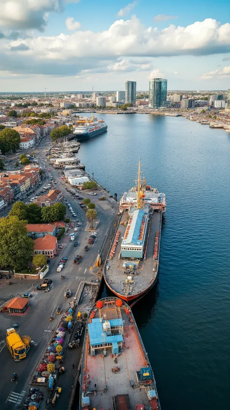 masterpiece、  Best quality images、images of Amsterdam's good season、Amsterdam harbor、overlooking the harbor and city、 large boat 、Beautiful Colored Ocean Scenery、Buildings and port facilities、Colorful Flowers、nature、charming city area、beautiful images of s...