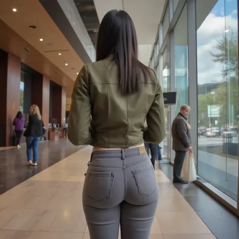 focus on her ass,Perfect ass,photorealistic full body portrait, 1girl, young and stunning, perfect fit body, alluring standing pose, true rear shot, straight dark blonde long hair flowing down back, wearing tight grey jeans highlighting wide hips and ultra...