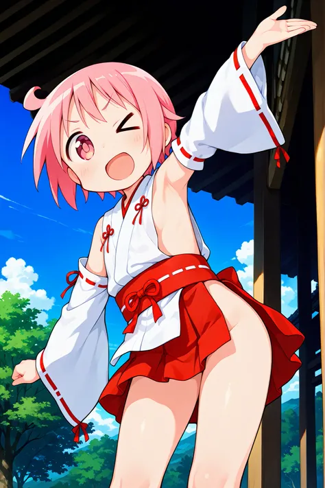 nsfw,nonohara yuzuko, pink hair, short hair,(ahoge), pink eyes,bangs,((anime style)),score_9, score_8_up, score_7_up, source_anime,solo,1girl, ((miko)), tabi,black okobo, ((((mini slit red skirt)))),((Obi)) ,((Obi knot)), (flat chest) , ((side boob)) , (No...