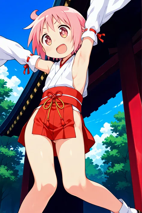 (nsfw),nonohara yuzuko, pink hair, short hair,(ahoge), pink eyes,bangs,((anime style)),score_9, score_8_up, score_7_up, source_anime,solo,1girl, ((miko)), tabi,black okobo, ((((mini slit red skirt)))),((Obi)) ,((Obi knot)), (flat chest) , ((side boob)) , (...
