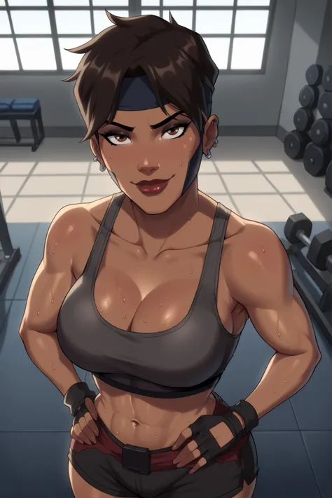 BREAK, score_6_up, score_9, score_8_up, score_7_up, high quality, masterpiece, Rocket, 1girl, solo, 2d, dark-skinned female, short hair, brown eyes, headband, piercing, earring, mask, lipstick, makeup, large breasts, cleavage, curvy, athletic, looking at v...