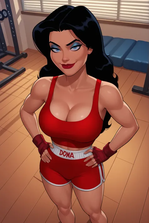 BREAK, score_6_up, score_7_up, score_8_up, score_9, Donna Troy, 1girl, solo, lipstick, makeup, long hair, black hair, blue eyes, looking at viewer, smiling, closed mouth, sultry expression, bedroom eyes, large breasts, busty, cleavage, curvy, athletic, re...