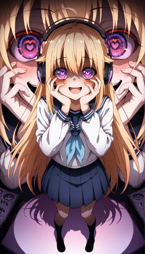 torako koshi, long hair, bangs, blonde hair, hair between eyes, very long hair, purple eyes, ahoge, sidelocks, hair flapsskirt, shirt, long sleeves, school uniform, white shirt, pleated skirt, serafuku, sailor collar, blue skirt, neckerchief, blue sailor c...