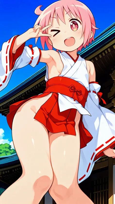 (nsfw),nonohara yuzuko, pink hair, short hair,(ahoge), pink eyes,bangs,((anime style)),score_9, score_8_up, score_7_up, source_anime,solo,1girl, ((miko)), ((((mini slit red skirt)))),((Obi)) ,((Obi knot)), (flat chest) , ((side boob)) , (No panties) , ((ex...