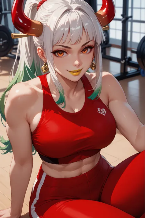 woman, big breasts, anime style, yellow lipstick, white hair, orange eyes, white skin, green highlights in hair, strong, red top, tight red pants, gym clothes, strong, red horns, ponytail, Yamato, sensual smile, sexy 