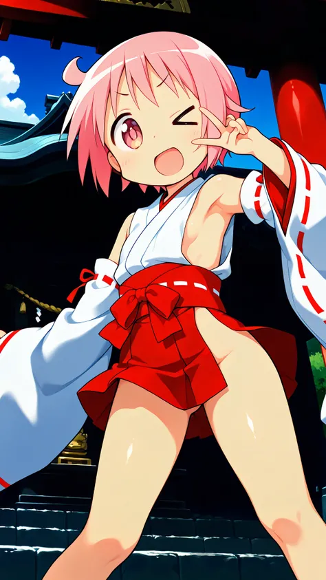 (nsfw),nonohara yuzuko, pink hair, short hair,(ahoge), pink eyes,bangs,((anime style)),score_9, score_8_up, score_7_up, source_anime,solo,1girl, ((miko)), ((((mini slit red skirt)))),((Obi)) ,((Obi knot)), (flat chest) , ((side boob)) , (No panties) , ((ex...