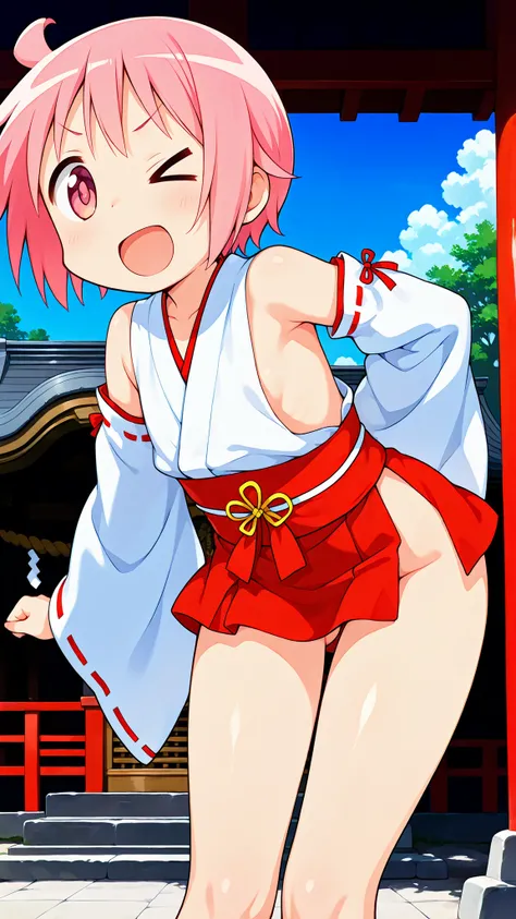 nonohara yuzuko, pink hair, short hair,ahoge, pink eyes,bangs,((anime style)),score_9, score_8_up, score_7_up, source_anime,solo,1girl, ((miko)),((mini slit red skirt)),((((slit skirt)))),ass visible through thighs,((Obi)) ,((Obi knot)), (flat chest) , ((s...