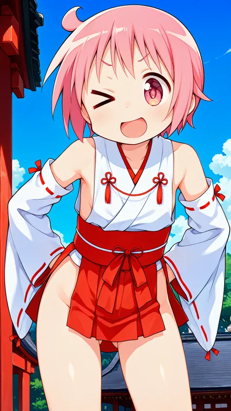 nonohara yuzuko, pink hair, short hair,ahoge, pink eyes,bangs,((anime style)),score_9, score_8_up, score_7_up, source_anime,solo,1girl, ((miko)),((mini slit red skirt)),((((slit skirt)))),ass visible through thighs,((Obi)) ,((Obi knot)), (flat chest) , ((s...
