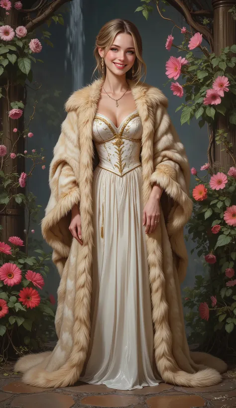 detailed portrait of a princess wearing a luxurious fur robe over a royal dress, she has a warm smile on her face, lush waterfall in the background, colorful flowers surrounding, altamente detalhado, 8k, fotorrealista, Realistic lighting, professional digi...