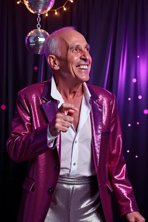 a 78 year old man wearing a pink and purple sequin blazer jacket, wearing shiny silver sequin pants, dancing in a night club, disco ball above his head hanging on a chain, sweaty neck, white shirt with droplets of sweat