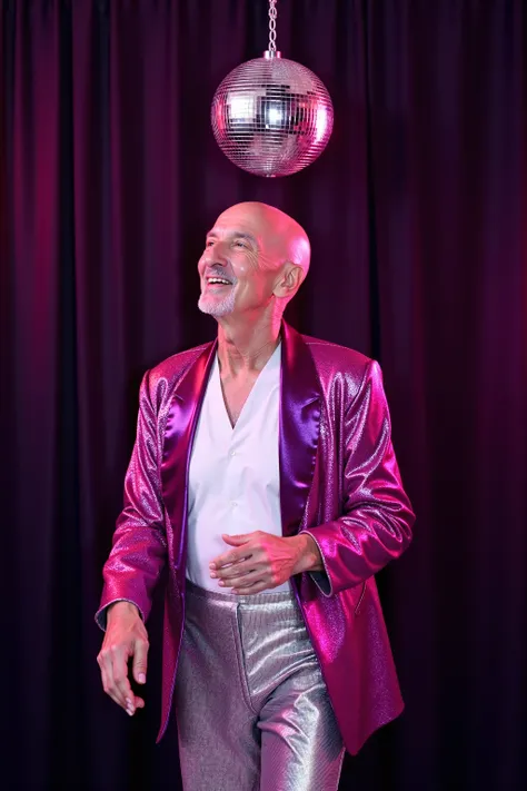 a 78 year old man wearing a pink and purple sequin blazer jacket, wearing shiny silver sequin pants, dancing in a night club, disco ball above his head hanging on a chain, sweaty neck, white shirt with droplets of sweat