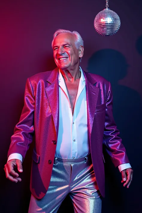 a 78 year old man wearing a pink and purple sequin blazer jacket, wearing shiny silver sequin pants, dancing in a night club, disco ball above his head hanging on a chain, sweaty neck, white shirt with droplets of sweat