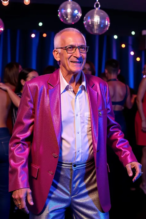a 78 year old man wearing a pink and purple sequin blazer jacket, wearing shiny silver sequin pants, dancing in a night club, disco ball above his head hanging on a chain, sweaty neck, white shirt with droplets of sweat