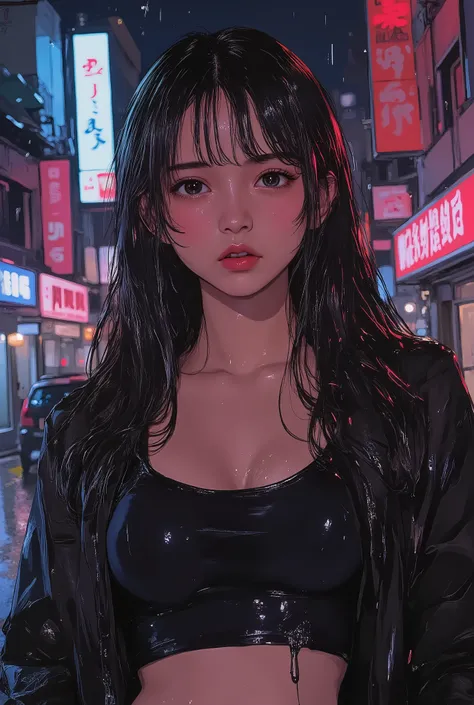 realistic and photorealistic illustration of a very beautiful and photogenic Asian woman standing in a rainy city at night, with medium breasts, a small, toned figure, wet hair falling on her face, a soaked casual crop top, a bright iris pattern, hands on...