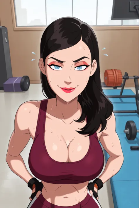 BREAK, score_6_up, score_7_up, score_8_up, score_9, 1girl, solo, loislane, black hair, long hair, makeup, lipstick, blue eyes, large breasts, cleavage, curvy, athletic, looking at viewer, seducing viewer, teasing viewer, smiling, closed mouth, seductive ex...