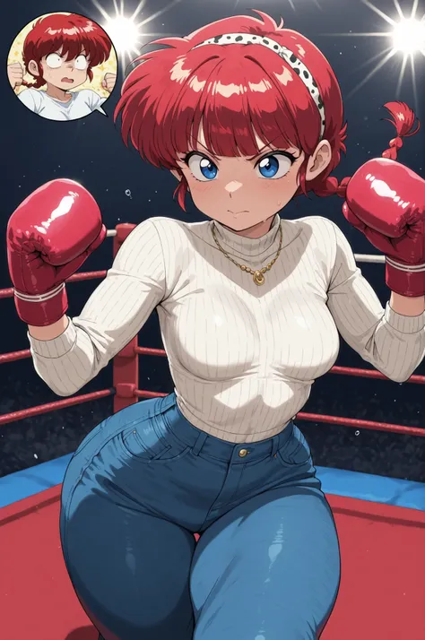 Ranma Saotome. red hair. blue eyes. braid. small breasts. wide hips. necklace. black eyeliner. pink manicure. | Female boxer in a boxing ring. Wearing sweater and jeans.Wearing boxing gloves. lensflare, hairband, blunt bangs, (curvy) and (fit:1.3) body, 1...