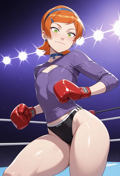 Gwen Tennyson . ginger . short hair . green eyes . flat breasts, flat chest, huge hips . slim body . choker . | Female boxer in a boxing ring. Wearing sweater and panties.Wearing boxing gloves. lensflare, hairband, blunt bangs, (curvy) and (fit:1.3) body, ...