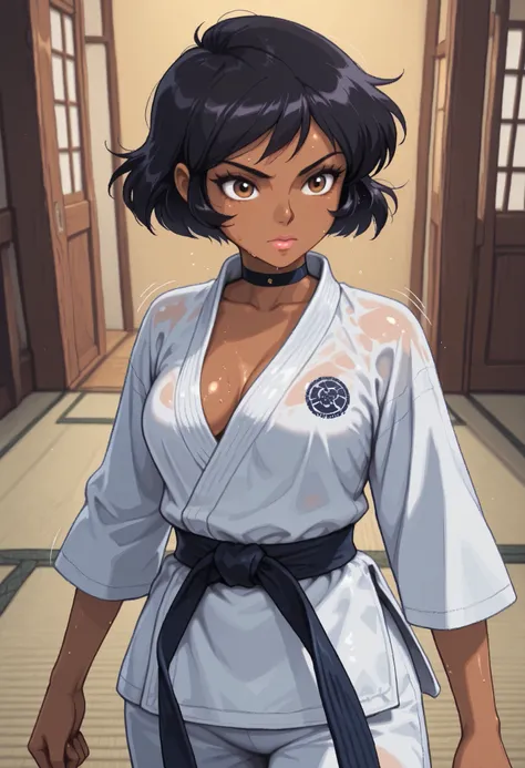 masterpiece, best quality, good quality, cartoon, totally_spies_2k24 alex, black hair, short hair, brown eyes, dark-skinned female, pink lips, medium breasts, choker. | score_9, score_8_up, score_7_up,source_anime,uncensored,cowboy shot, massage-club, 1gir...
