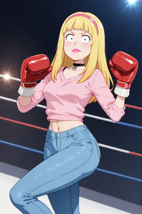 Francine Smith, looking at viewer, pink lipstick, choker, Blonde hair, small saggy breasts. long hair.| Female boxer in a boxing ring. Wearing sweater and jeans.Wearing boxing gloves. lensflare, hairband, blunt bangs, (curvy) and (fit:1.3) body, 1 girl, Be...