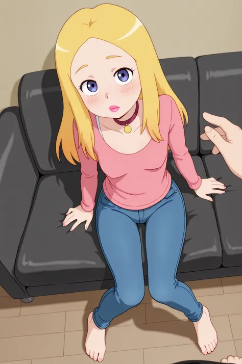 Francine Smith, looking at viewer, pink lipstick, choker, Blonde hair, small saggy breasts. long hair.| masterpiece, best quality, 32k, high resolution, absurdres, massage, 1girl, solo focus, blush, barefoot, foreshortening, sitting, looking at viewer, leg...