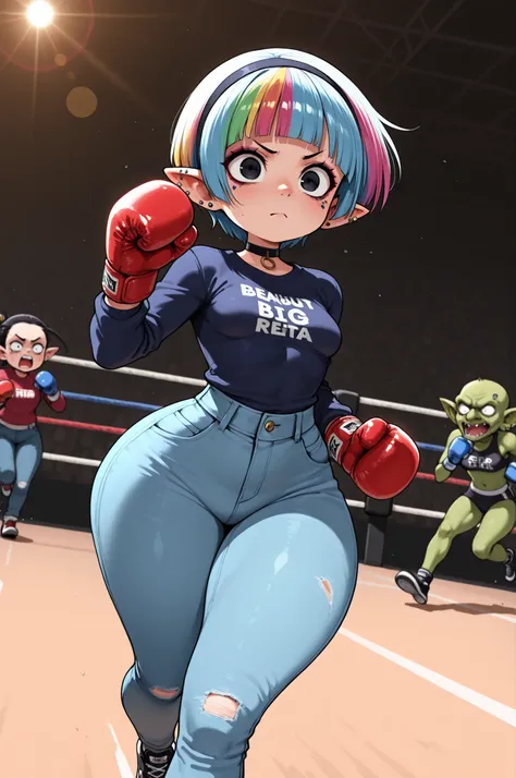 female punk, random colors hair, black eye , facial piercings, eye makeup, small breasts, meduim hips, (goblin femboy:1.0) (shortstack:1.0) (green skin:1.0) (pointy ears:1.0) (wide hips:1.0) boy. crossdressing, femboy. huge hips, very short hair. Bouffant....