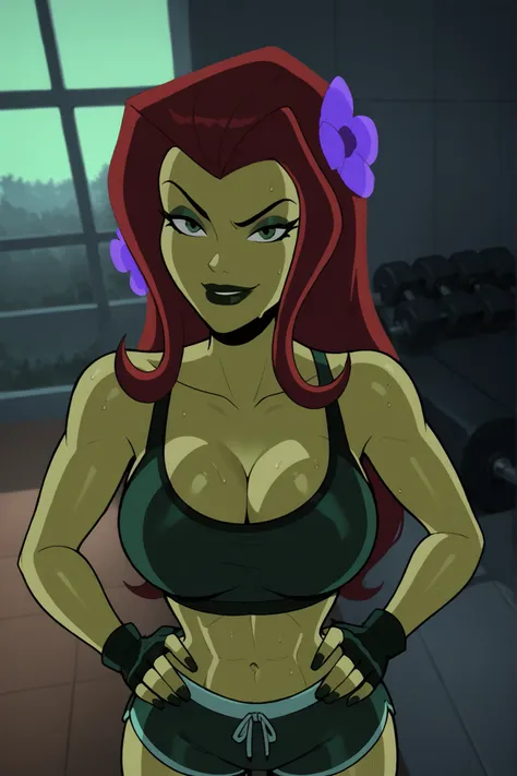 2d, score_9, score_8_up, score_7_up, score_6_up, flower, BREAK, 1girl, solo, standing, red hair, PIVYbatb, green skin, cleavage, curvy, athletic, makeup, smile, closed mouth, large breasts, long hair, black lips, hair ornament, seductive expression, bedroo...