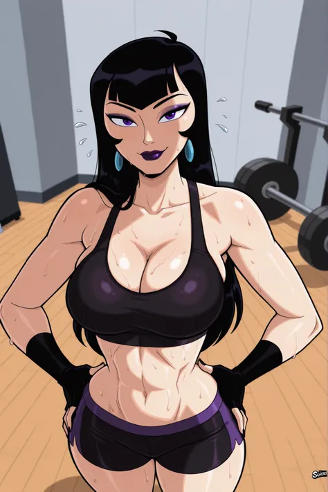 BREAK, score_6_up, score_7_up, score_8_up, score_9, 1girl, solo, long hair, purple eyes, black hair, earrings, makeup, lipstick, t4lb4ld4nd, large breasts, busty, cleavage, curvy, athletic, looking at viewer, seducing viewer, teasing viewer, seductive expr...