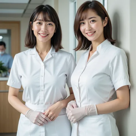 『Has a Different Face and Hairstyle２people、日本people、35才のwomanhood、1peopleはショートヘアー、Unprocessed Photo、美peopleではない普通のwomanhood、realistic skin、no makeup、looking at the camera、they are smiling by showing their teeth:1.9』『Saggy Eyes、round face、real photos:1.3』Hi...