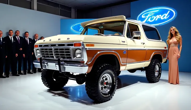 "A classic Ford Bronco SUV, vintage model, cream and brown two-tone color, lifted with big off-road tires, displayed in a modern Ford showroom with a glowing Ford logo on the wall. The vehicle is positioned at a front-left side view. On the left side of th...