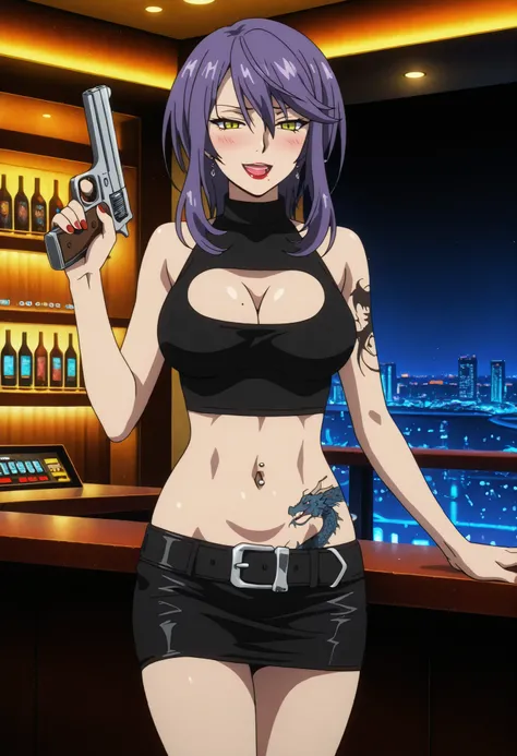 trine_halden, long purple hair, yellow eyes, red lips, medium large breasts, cleavage, chin mole, , ear piercing, long hair, blush, lipstick,Hot girl, baddie, smoking, sensual, attractive ,bar background, inside bar,indoors, cityscape, casino, nightclub, c...