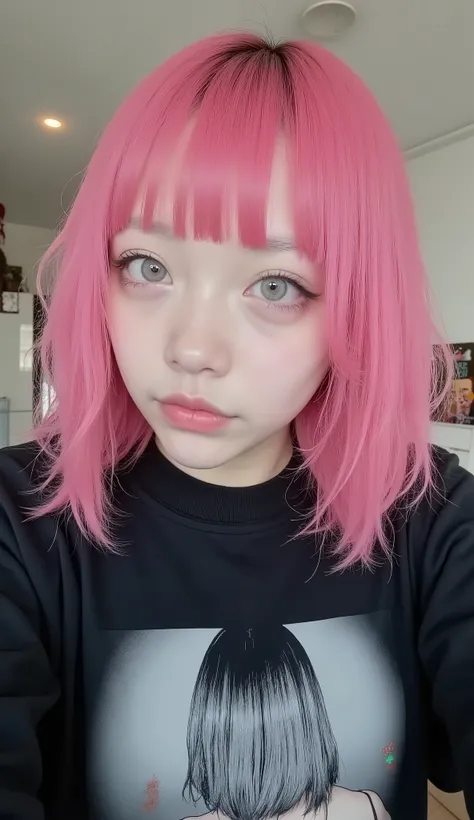 The image shows the person's neck and shoulders, bright pink hair slightly longer than the shoulders are exposed. hair is unkempt, Slightly disheveled texture , casual and relaxed impression. It creates contrast {x} The person is wearing a black shirt with...