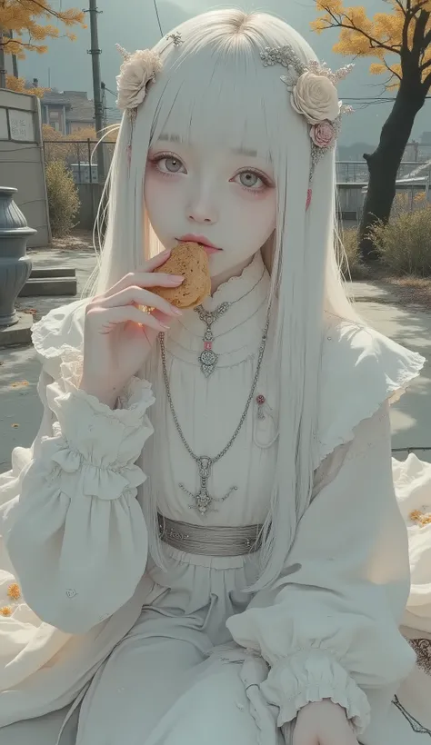 araffe girl Eat and take a break wearing a purple and white sweater, anime girl in real life, ulzzang, Shirohime Cut Hairstyle , Ancient Chinese Hanfu , cute cute girl, like a portrait of a woman reol, long white hair, cute hairstyle, Roseanne Park(BLACK...